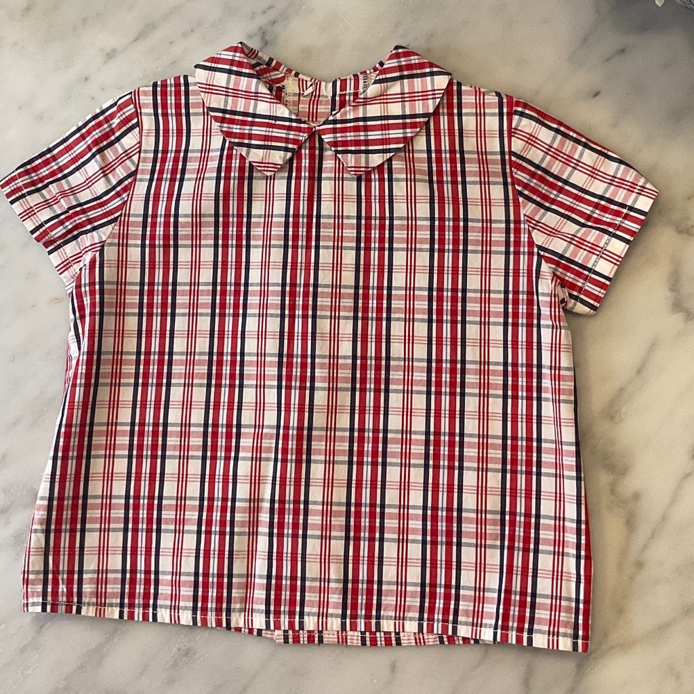 Amaia London Red White and Blue Plaid Shirt with Peter Pan Collar. 12 Months